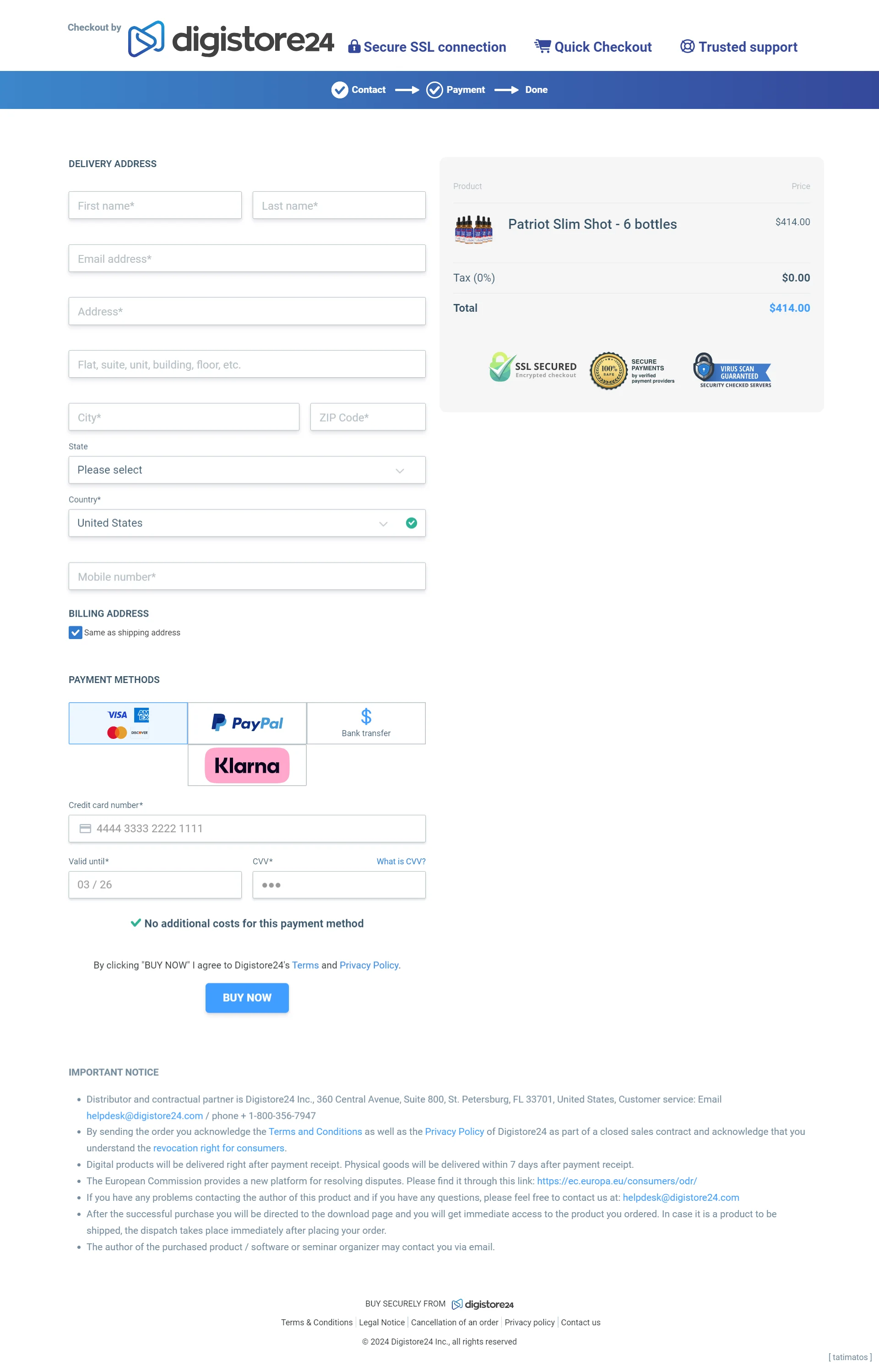 Patriot Slim Shot order form